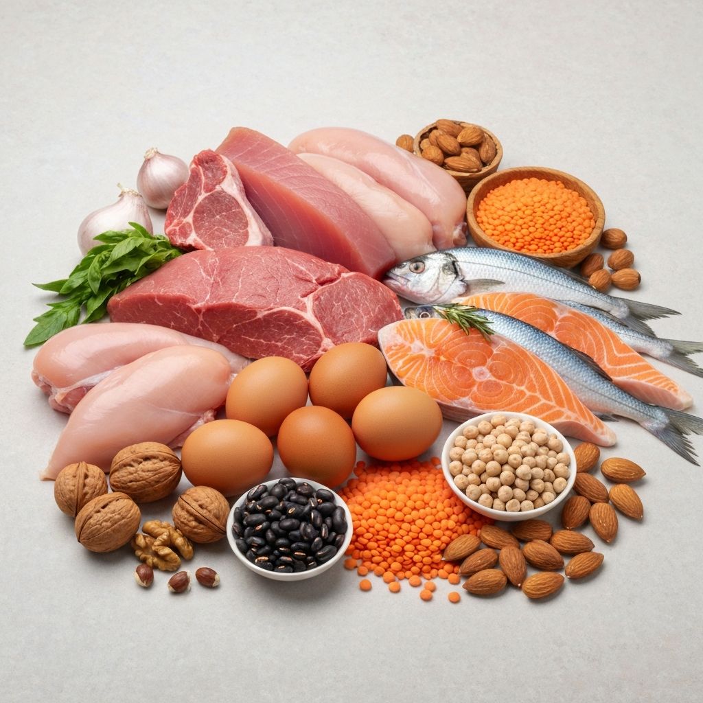 Various high protein food sources including fish, eggs, and legumes
